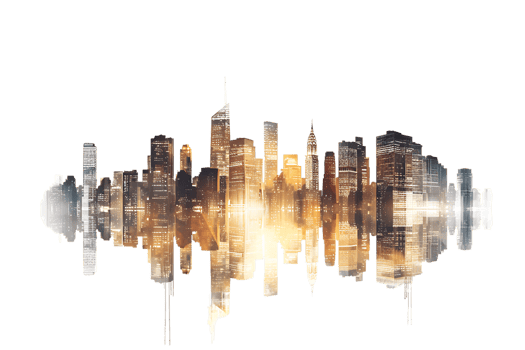 The skyline of a bustling city depicted in a striking 3D style emerges prominently png