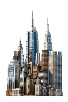 The skyline of a bustling city depicted in a striking 3D style emerges prominently png