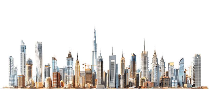 The skyline of a bustling city depicted in a striking 3D style emerges prominently png