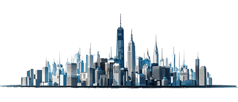 The skyline of a bustling city depicted in a striking 3D style emerges prominently png