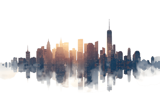 The skyline of a bustling city depicted in a striking 3D style emerges prominently png