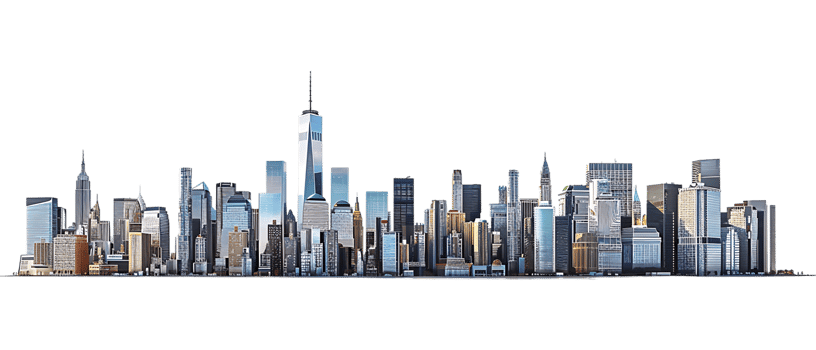 The skyline of a bustling city depicted in a striking 3D style emerges prominently png