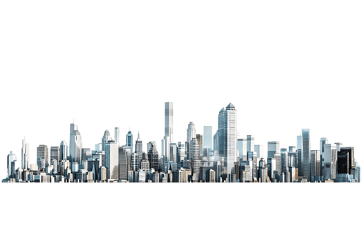 The skyline of a bustling city depicted in a striking 3D style emerges prominently png