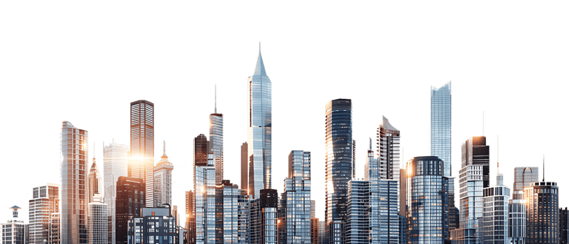 The skyline of a bustling city depicted in a striking 3D style emerges prominently png
