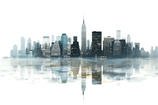 The skyline of a bustling city depicted in a striking 3D style emerges prominently png