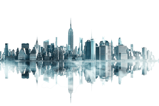 The skyline of a bustling city depicted in a striking 3D style emerges prominently png