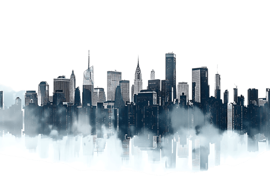 The skyline of a bustling city depicted in a striking 3D style emerges prominently png