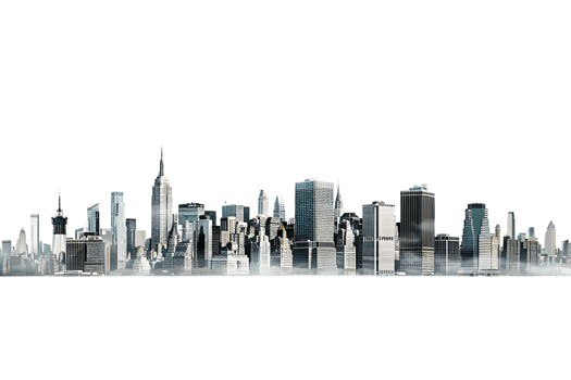 The skyline of a bustling city depicted in a striking 3D style emerges prominently png