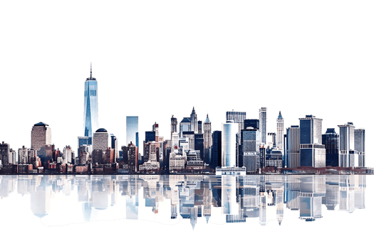 The skyline of a bustling city depicted in a striking 3D style emerges prominently png