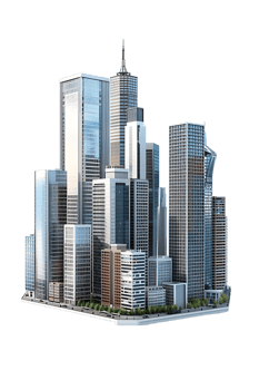 The skyline of a bustling city depicted in a striking 3D style emerges prominently png