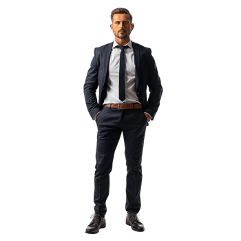 A man in a suit and tie stands isolated on a transparent background. He is wearing a blue suit and a white shirt. He is posing for a photo png