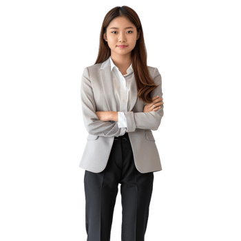 A woman in a business suit is standing with her arms crossed. She is wearing a white shirt and black pants png