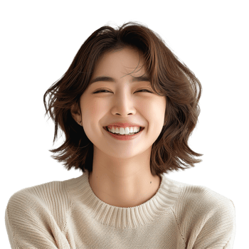 Korean woman with short brown hair is smiling and wearing a white sweater. She has a bright, happy expression on her face png