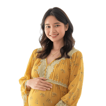 A woman is wearing a yellow dress and smiling. She is pregnant and she is happy. The dress has a floral pattern and is long-sleeved png