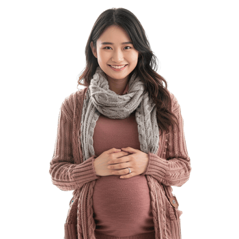 A woman is wearing a pink sweater and a scarf. She is smiling and holding her stomach. Concept of warmth and comfort, as the woman is likely pregnant and enjoying the pregnancy png
