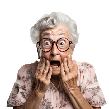 portrait of old woman looks in surprise opening her mouth and eyes. woman isolated on transparent png