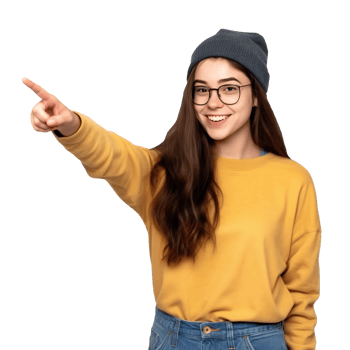 Woman pointing side with her hand. Female index finger isolated on transparent png