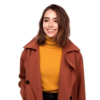 brunette smiling young woman wearing a coat and orange sweater. young woman isolated on transparent png