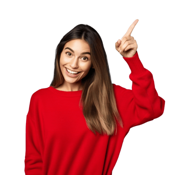 beautiful brunette wearing red sweater shows her index finger. woman isolated on transparent png