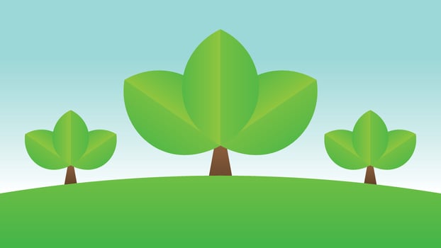 green field with three tree in flat style. cartoon meadow landscape with grass. green summer background landscape. vector
