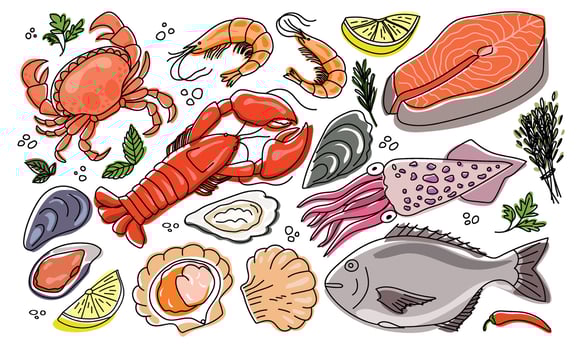 Seafood color sketch. Hand drawn food. Fresh raw market set vector