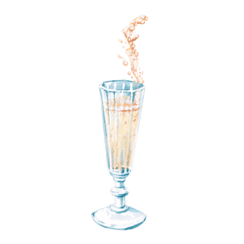 Retro glass with champagne splashes in watercolor illustration. Holiday theme composition for posters, prints, decorations, cookbooks, New Year cards. Illustration isolated from background. png
