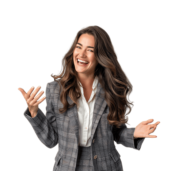Young beautiful brunette business woman smiling and laughing with hands moving png