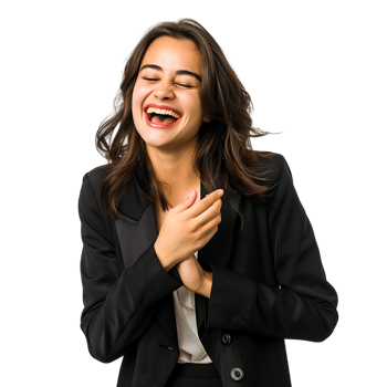 Young beautiful brunette business woman smiling and laughing with hands moving png