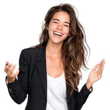 Young beautiful brunette business woman smiling and laughing with hands moving png