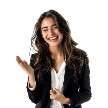 Young beautiful brunette business woman smiling and laughing with hands moving png