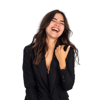 Young beautiful brunette business woman smiling and laughing with hands moving png