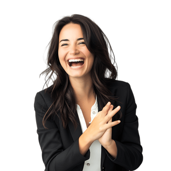 Young beautiful brunette business woman smiling and laughing with hands moving png