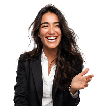 Young beautiful brunette business woman smiling and laughing with hands moving png