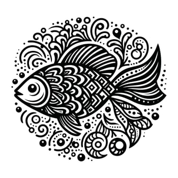 Intricate Black and White Fish Illustration with Decorative Patterns, Perfect for Coloring Pages or Tattoos vector