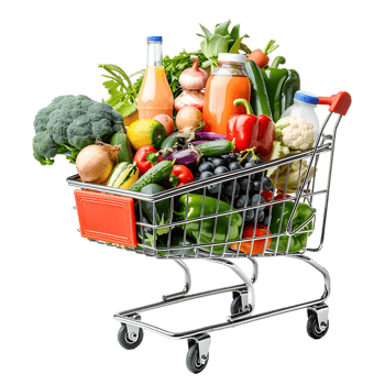 Shopping cart filled with grocery items and vegetables isolated on a transparent background png