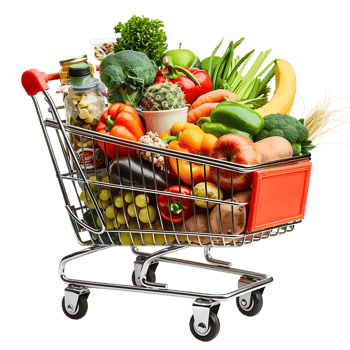 Shopping cart filled with grocery items and vegetables isolated on a transparent background png
