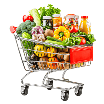 Shopping cart filled with grocery items and vegetables isolated on a transparent background png