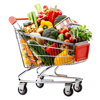 Shopping cart filled with grocery items and vegetables isolated on a transparent background png