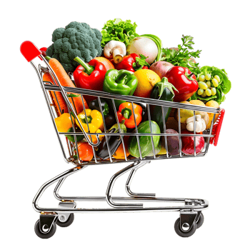 Shopping cart filled with grocery items and vegetables isolated on a transparent background png
