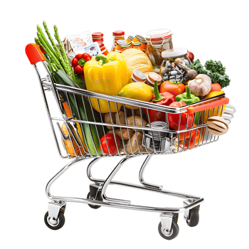 Shopping cart filled with grocery items and vegetables isolated on a transparent background png