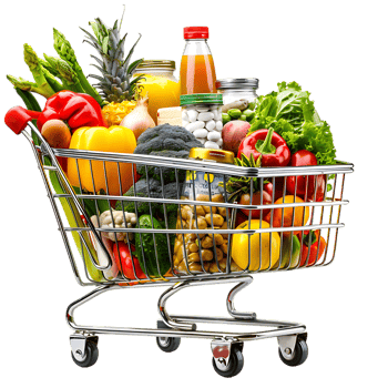 Shopping cart filled with grocery items and vegetables isolated on a transparent background png