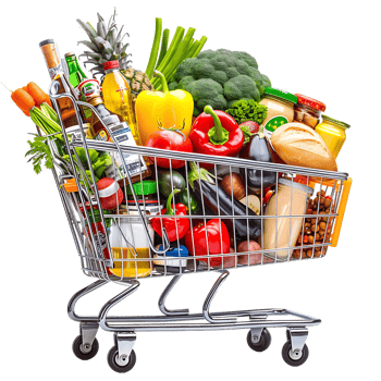 Shopping cart filled with grocery items and vegetables isolated on a transparent background png