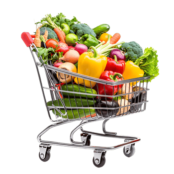 Shopping cart filled with grocery items and vegetables isolated on a transparent background png