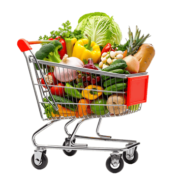 Shopping cart filled with grocery items and vegetables isolated on a transparent background png