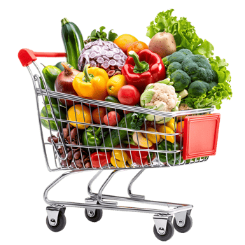 Shopping cart filled with grocery items and vegetables isolated on a transparent background png