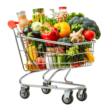 Shopping cart filled with grocery items and vegetables isolated on a transparent background png