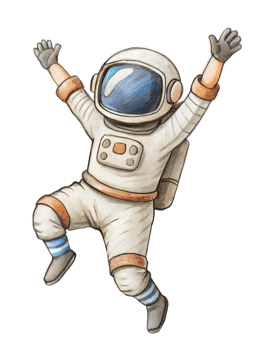 Astronaut jumping up with both arms raised, legs bent, and a huge smile, capturing overwhelming joy png