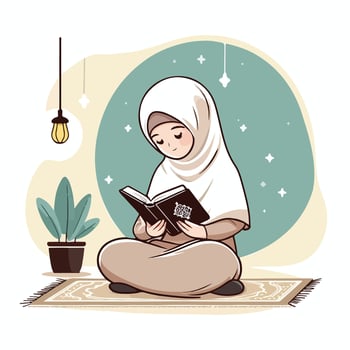 cute illustration of Islamic Ramadan woman reading the Koran vector