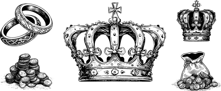 Vintage Engraved Sketch. Crown, Coins, Rings, and Golden Treasures Set. vector
