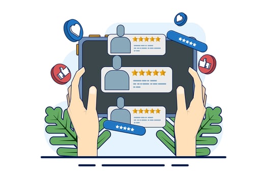 Concept of customer satisfaction indicators for products, services, consumer opinions, reviews, feedback, user experience. online survey. Testimonials, high ratings. Good quality products or services. vector